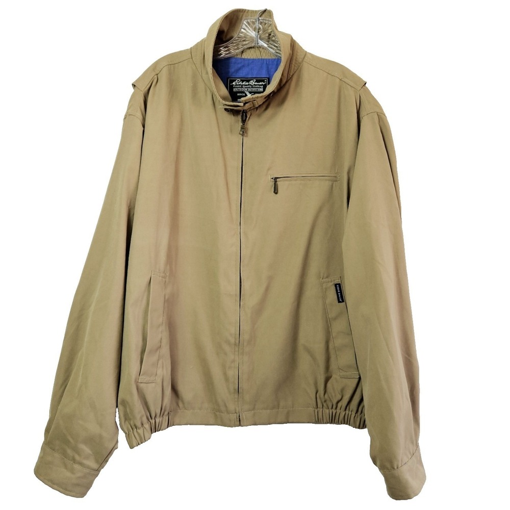 Eddie Bauer Men's Tan Jacket Windbreaker LARGE Waist Stretch Aviation Preppy